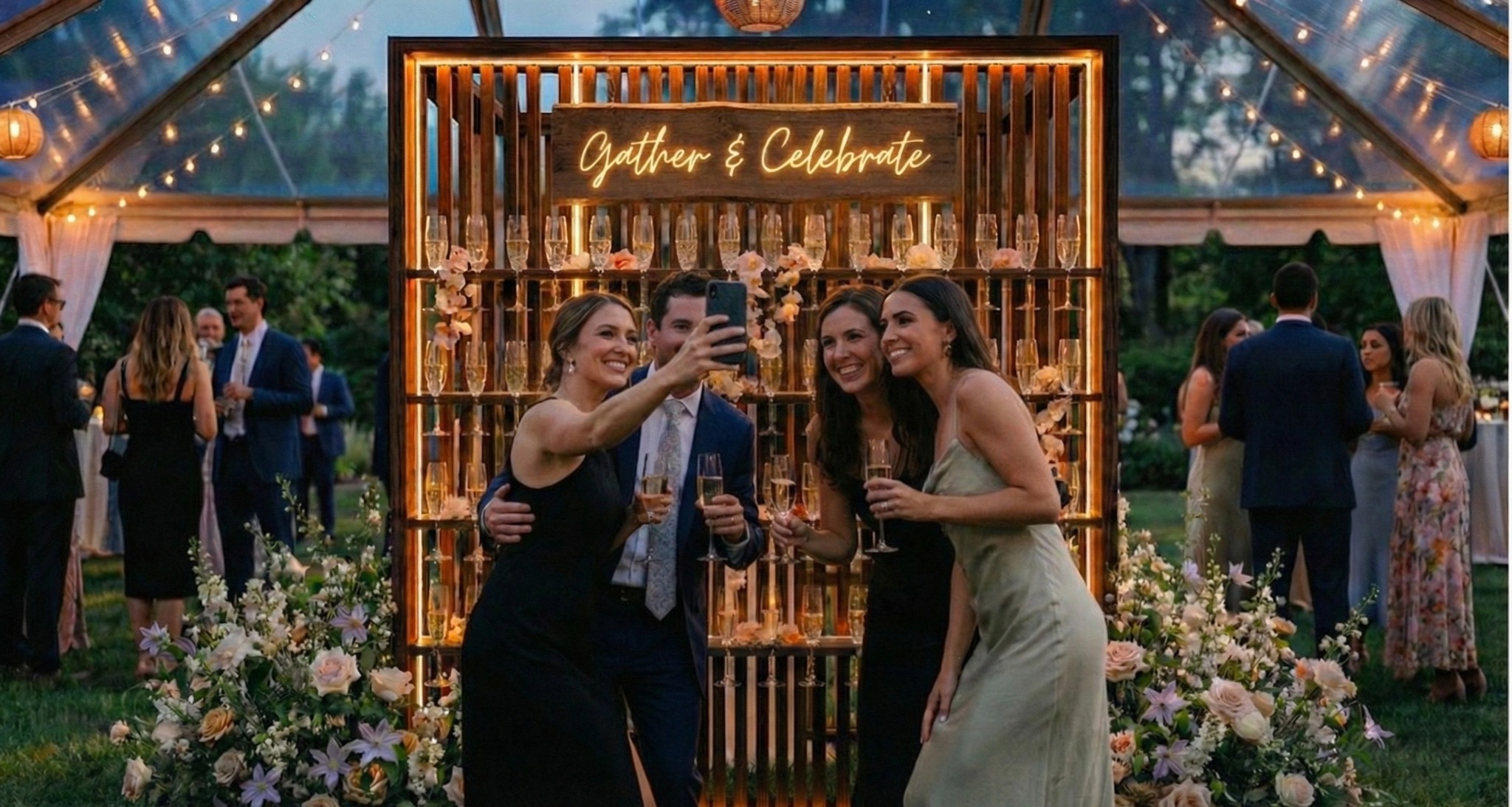 Champagne wall with floral accents